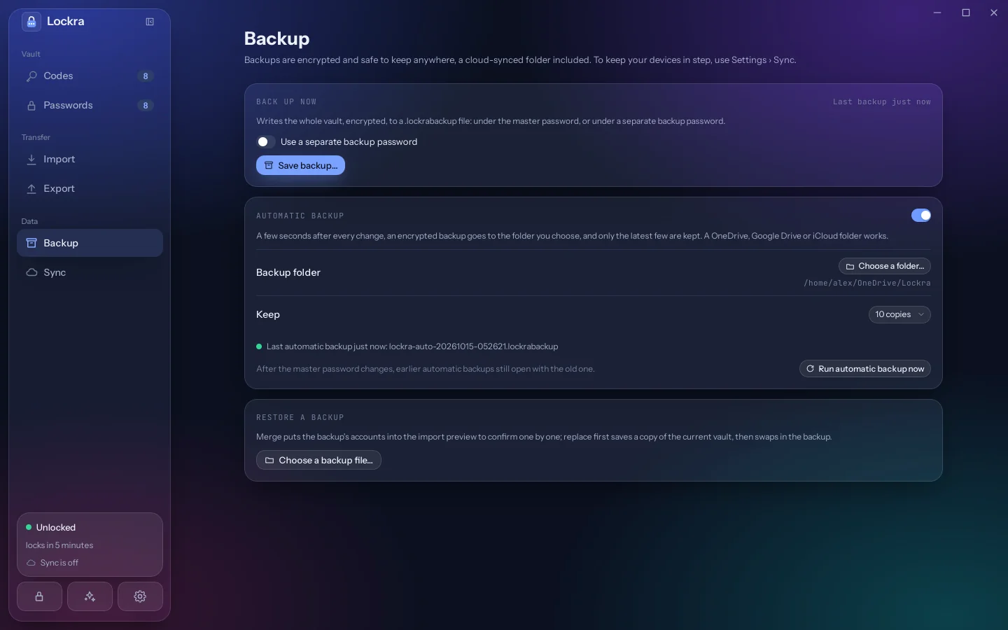 The Backup page with saving a backup now, automatic backups into a folder, and restoring a backup.
