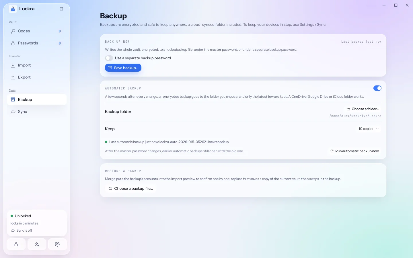 The Backup page with saving a backup now, automatic backups into a folder, and restoring a backup.