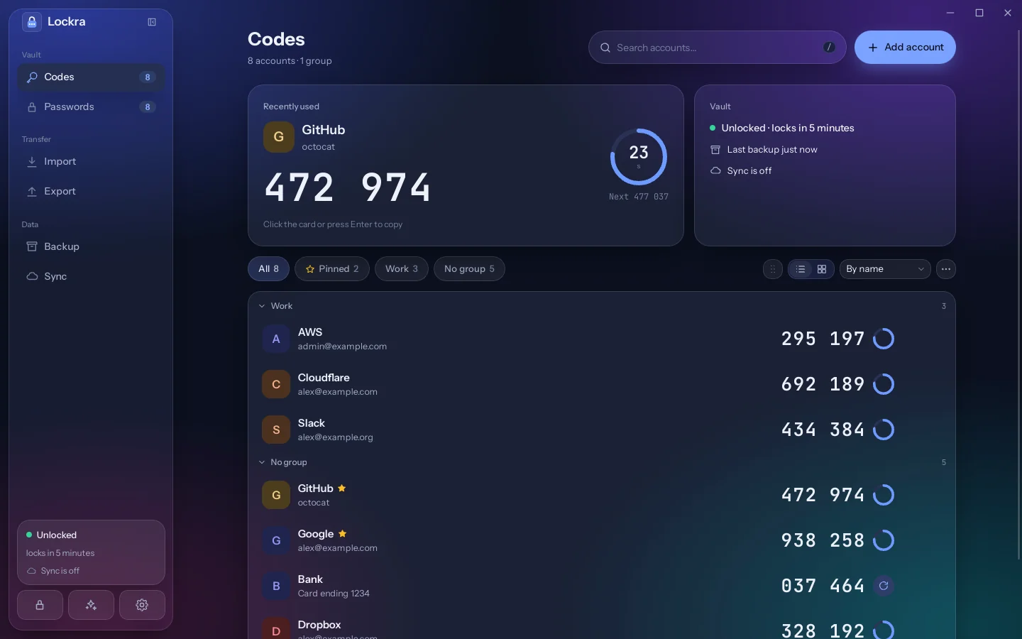 The Lockra codes page with a list of accounts, each with its current code and the time it has left.