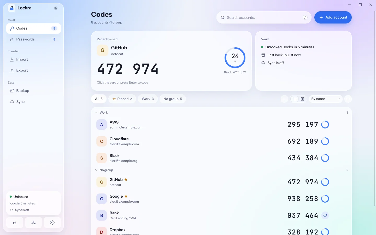 The Lockra codes page with a list of accounts, each with its current code and the time it has left.