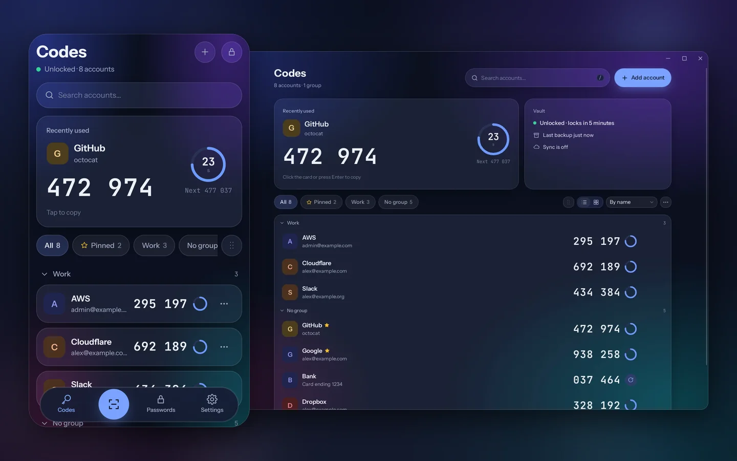 Lockra on a computer and on a phone, showing the same accounts with the same codes.