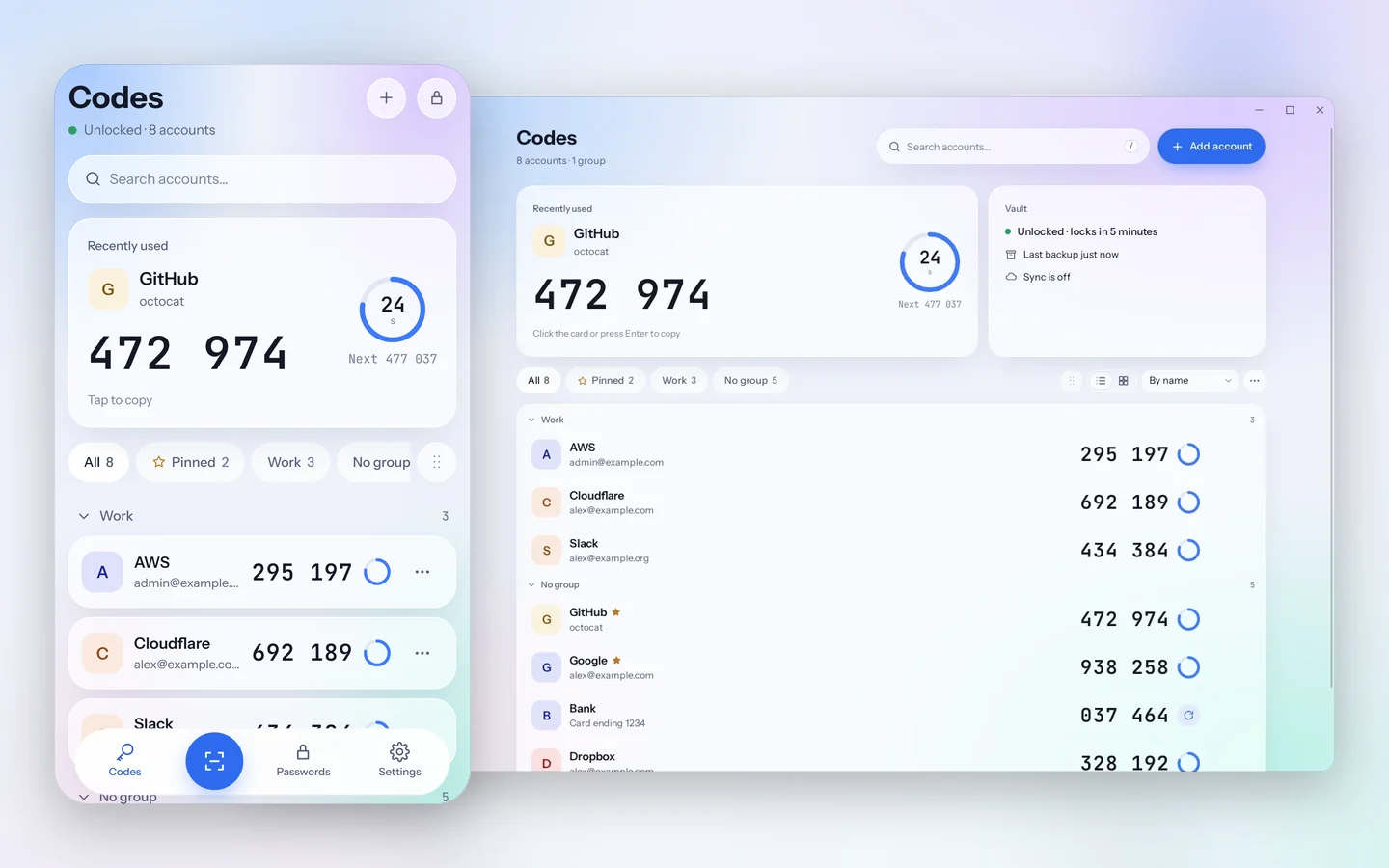 Lockra on a computer and on a phone, showing the same accounts with the same codes.