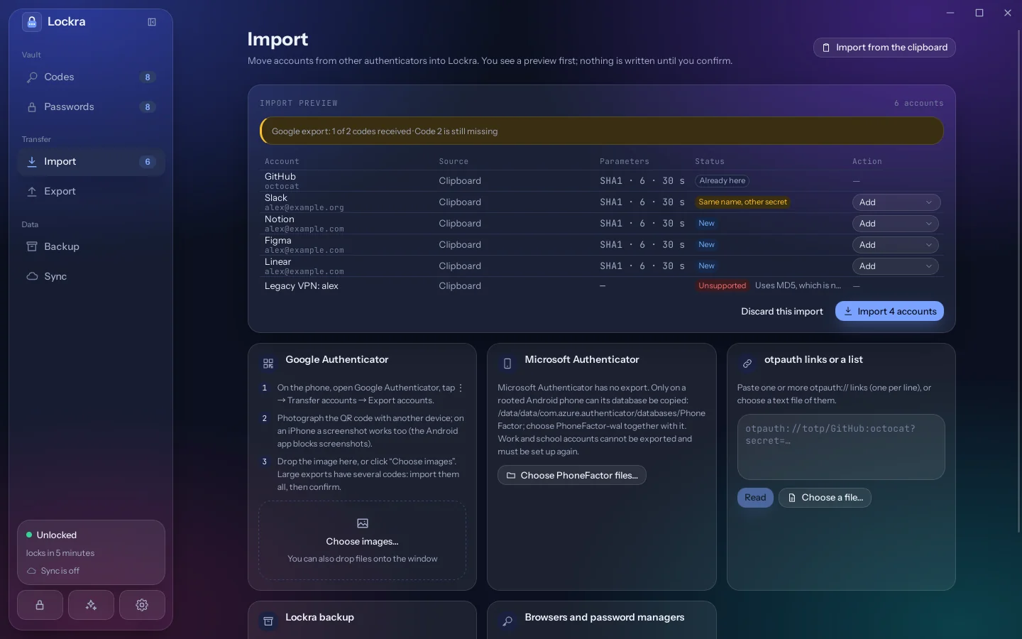 The import preview with the accounts found in a Google Authenticator export and a note that one code of the batch is still missing.