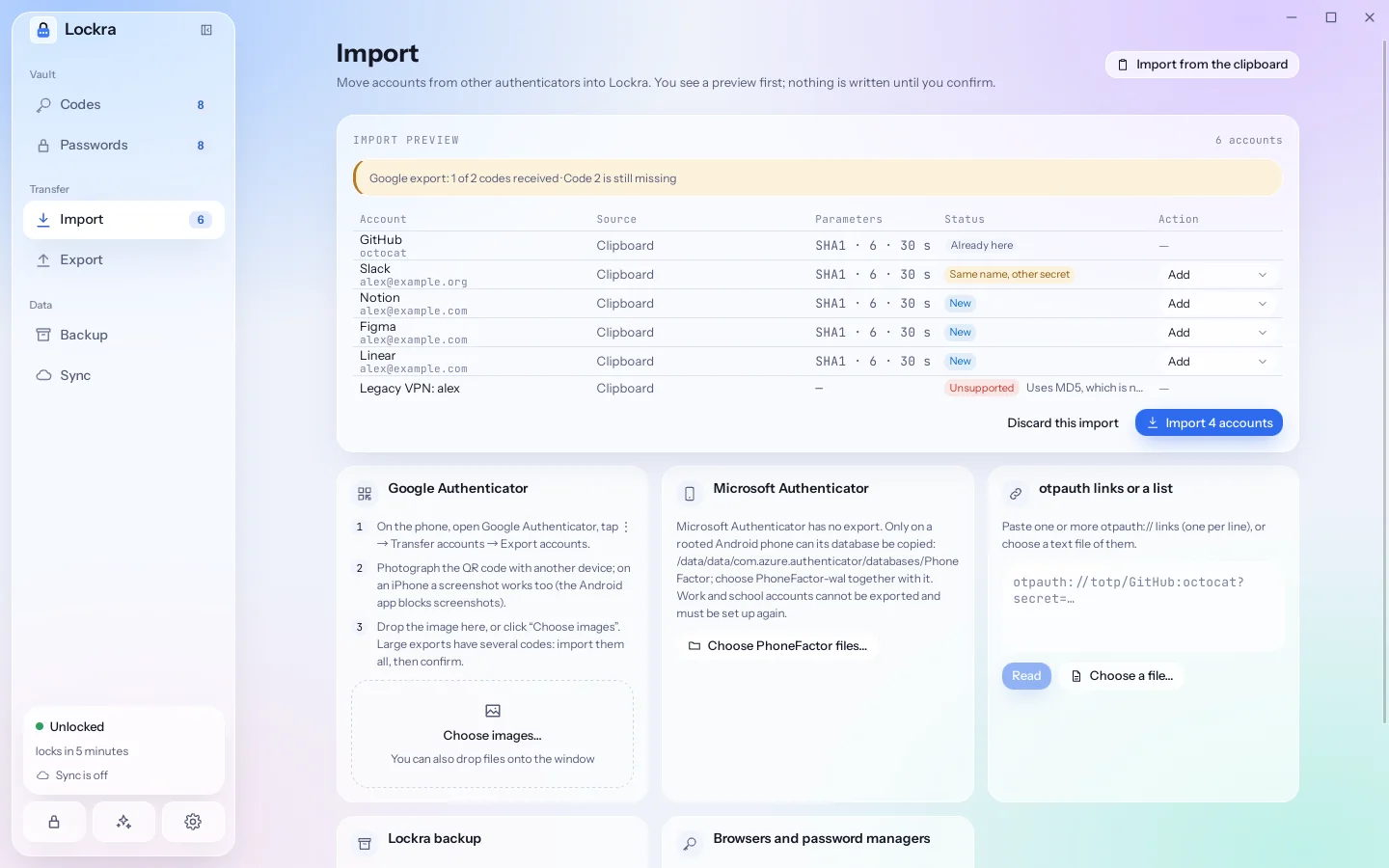 The import preview with the accounts found in a Google Authenticator export and a note that one code of the batch is still missing.