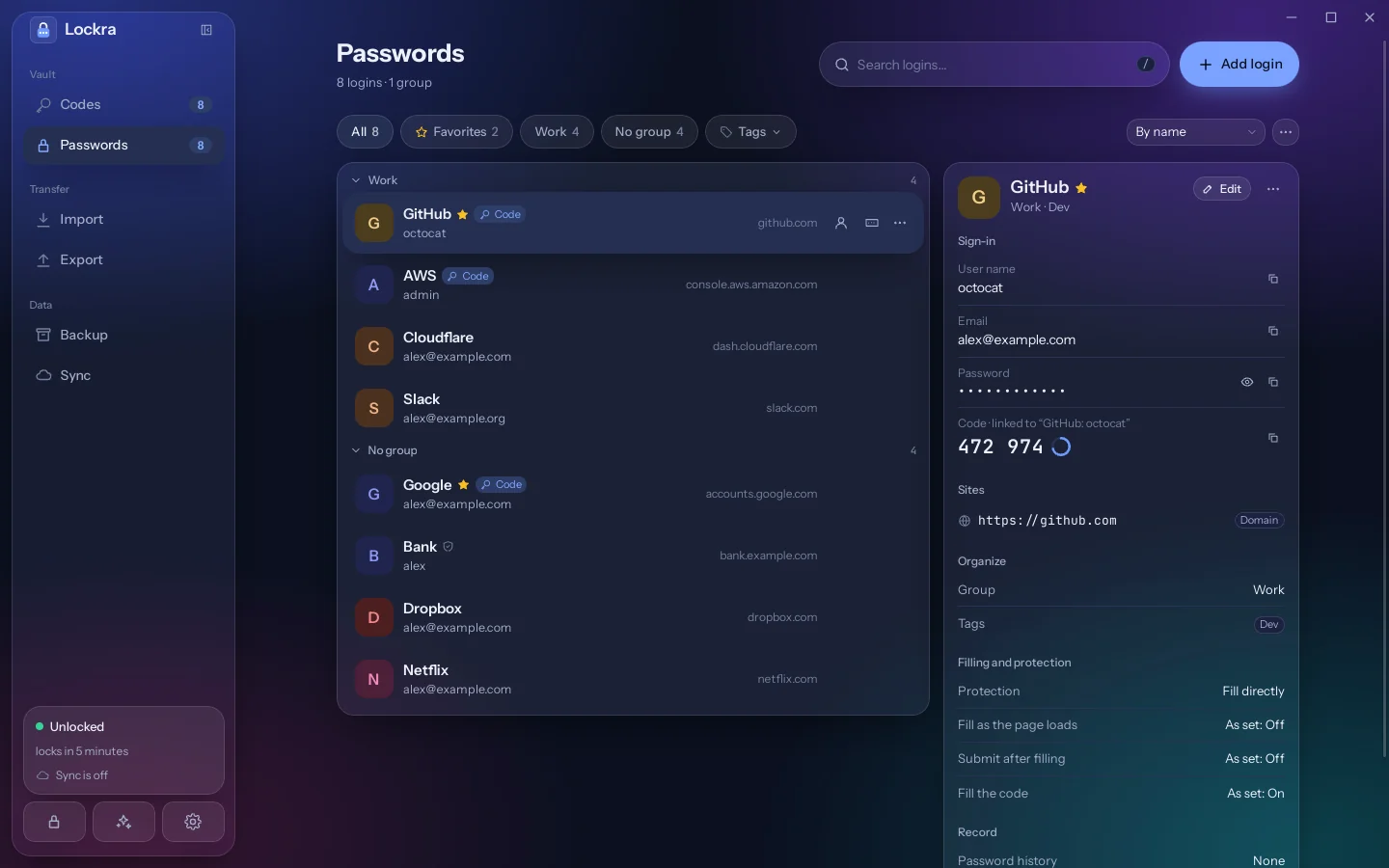 The Passwords page: the search field and Add login at the top, the filters, the logins in their groups, and the GitHub login in the pane on the right with its user name, its password as dots and the linked account's code.