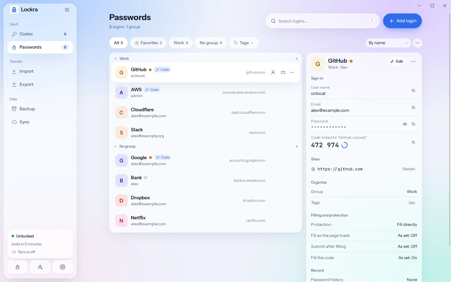 The Passwords page: the search field and Add login at the top, the filters, the logins in their groups, and the GitHub login in the pane on the right with its user name, its password as dots and the linked account's code.