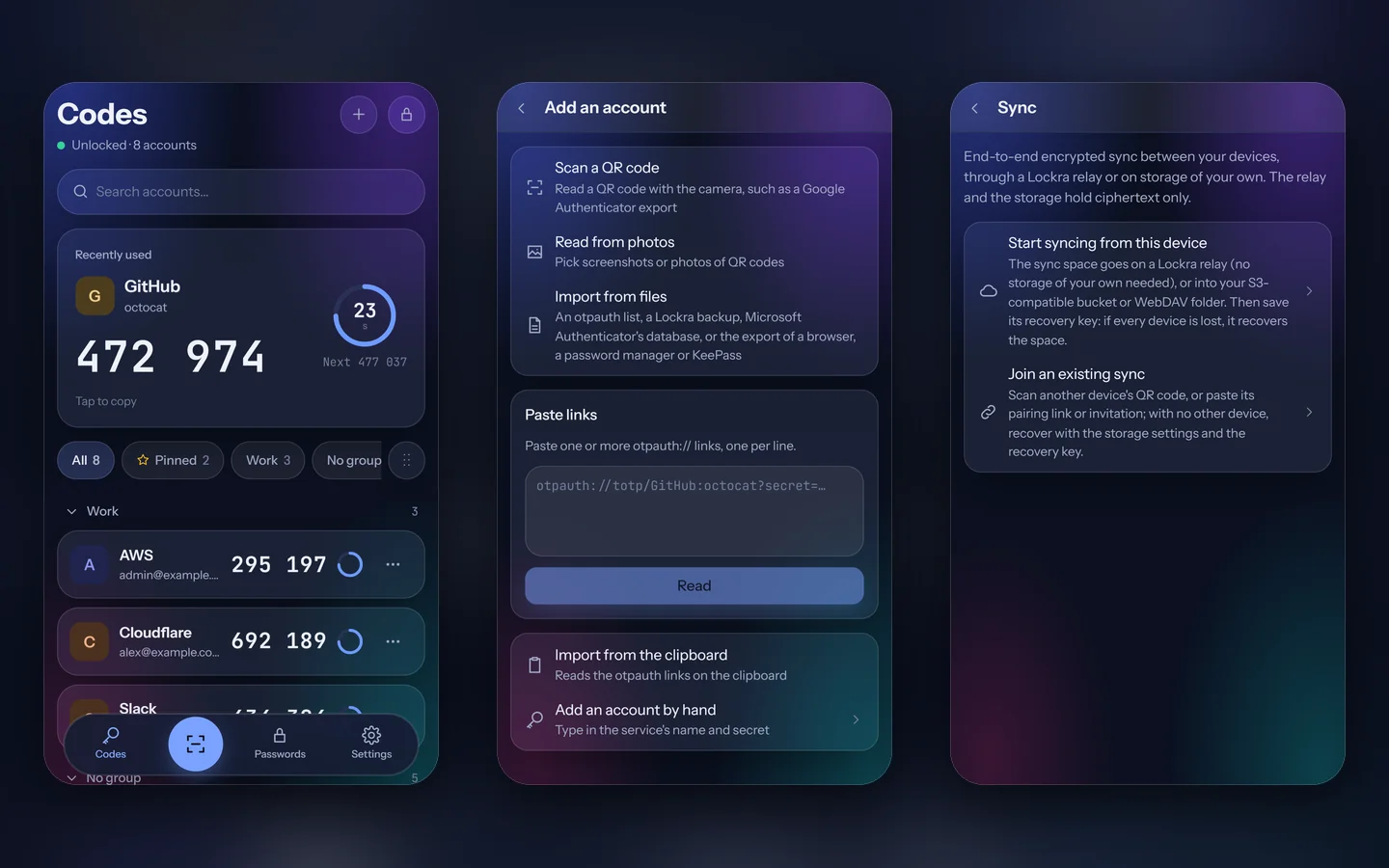 Three screens of the Android app: the codes page, adding an account, and sync.
