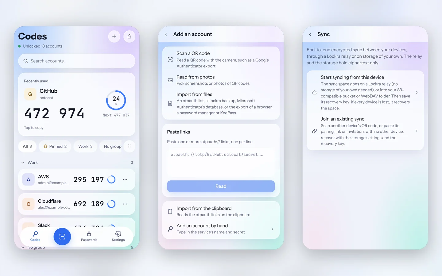 Three screens of the Android app: the codes page, adding an account, and sync.