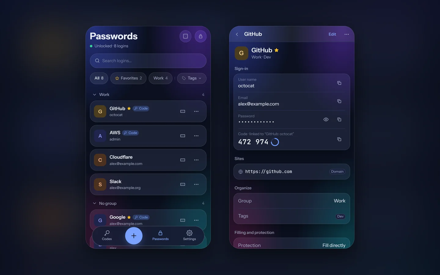 Two phone screens: the Passwords page with the logins in cards, and the GitHub login's page with its user name, password and code.