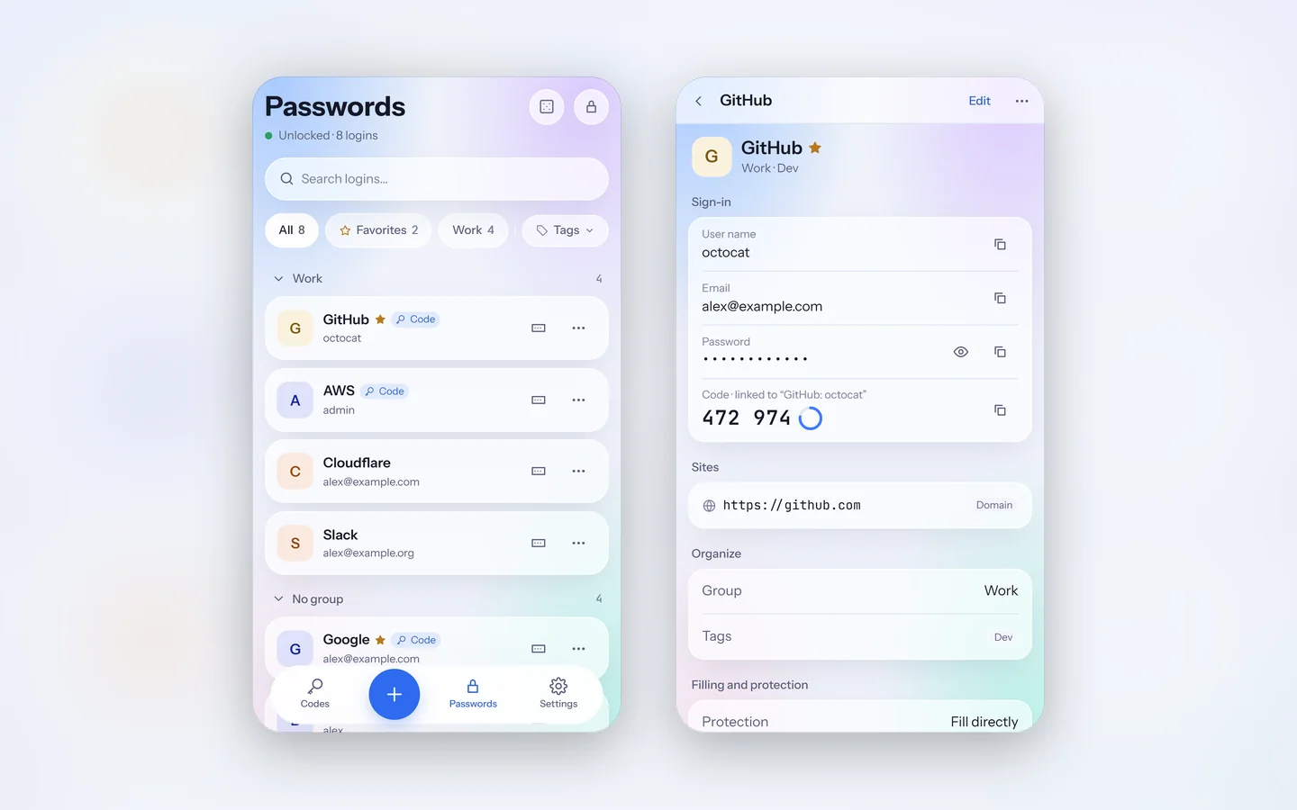 Two phone screens: the Passwords page with the logins in cards, and the GitHub login's page with its user name, password and code.