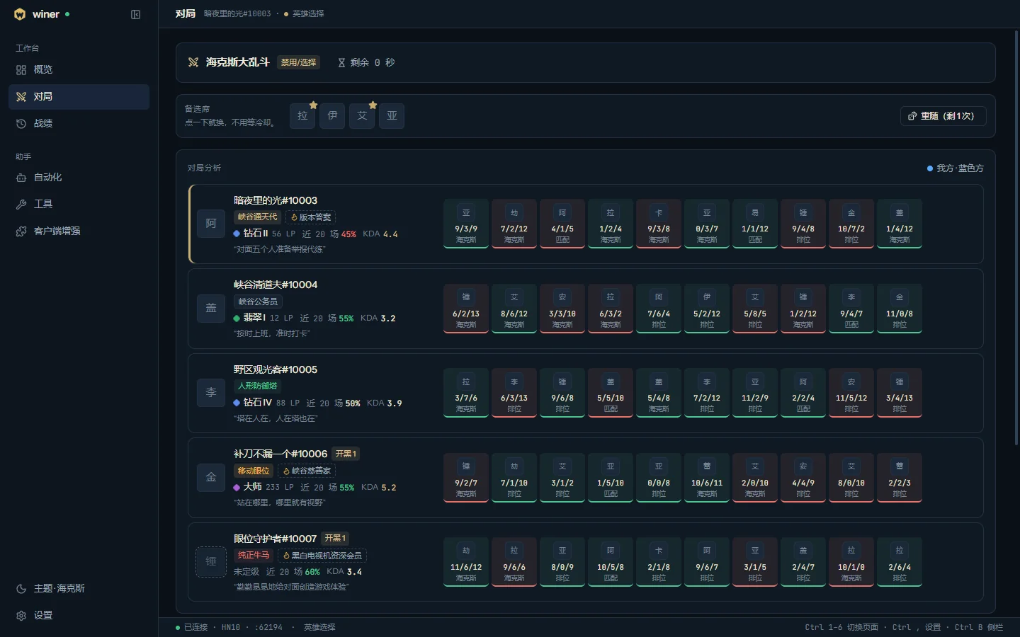 选人阶段的对局分析：每位队友一行，左边是档位、称号、段位、胜率和 KDA，右边是最近的每一局。